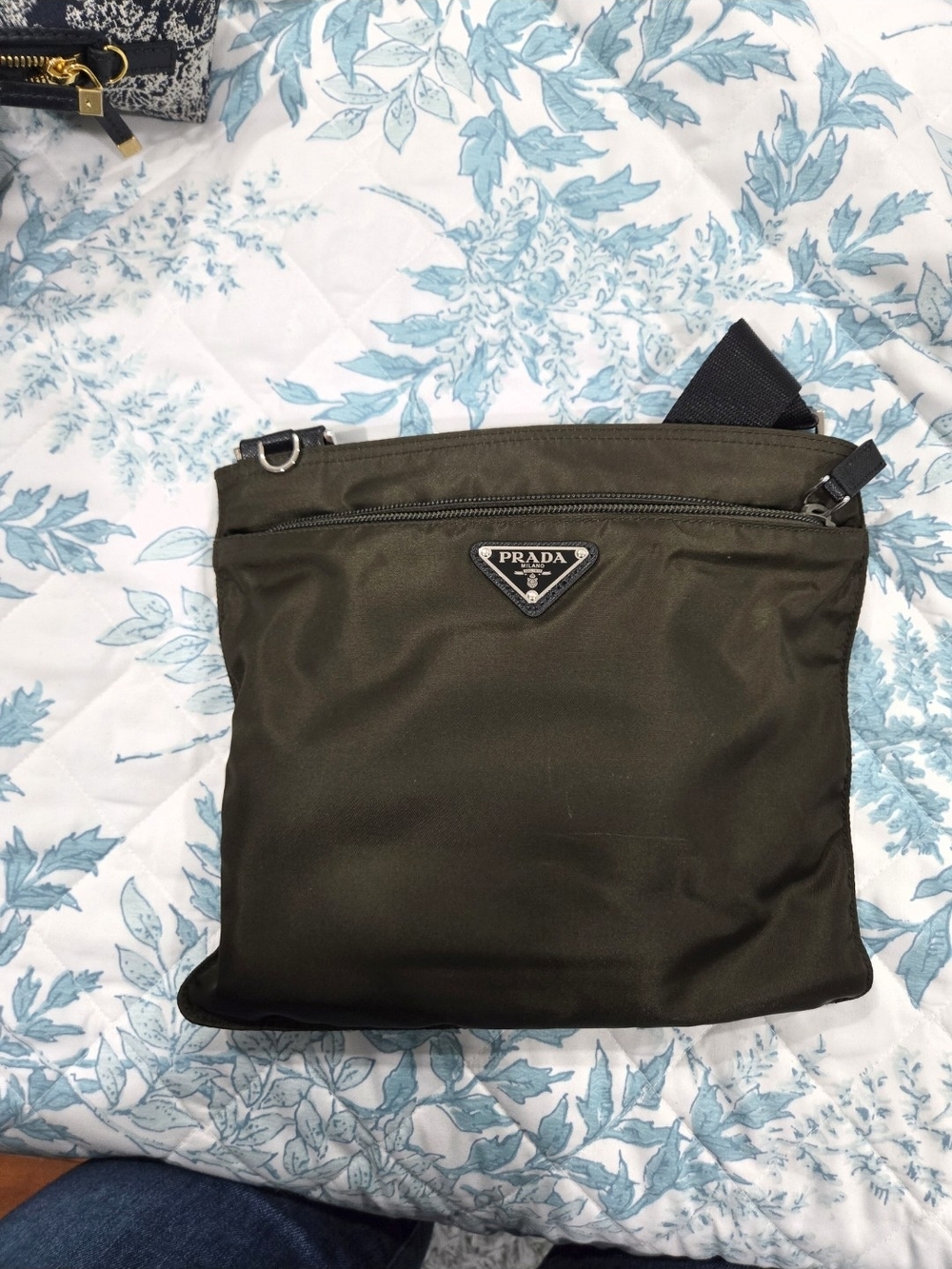 Prada Olive Nylon Messenger Crossbody Bag with Black Saffiano Trim
